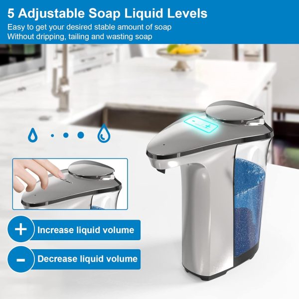 Automatic Soap Dispenser, Touchless Dish Soap Dispenser 17oz/500ml with Infrared Sensor, 5 Adjustable Soap Levels, Liquid Hand Soap Dispenser for Bathroom Kitchen (Silver) - Image 4