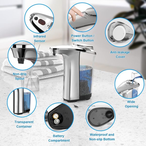 Automatic Soap Dispenser, Touchless Dish Soap Dispenser 17oz/500ml with Infrared Sensor, 5 Adjustable Soap Levels, Liquid Hand Soap Dispenser for Bathroom Kitchen (Silver) - Image 6