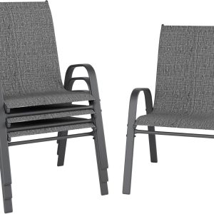 Patio Chairs Set of 4, Outdoor Dining Chairs Stackable for All Weather, Breathable Metal Modern Outside Furniture Chair for Pool Side, Garden, Backyard Deck, Dark Grey
