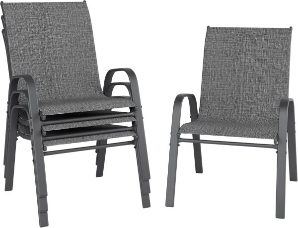 Patio Chairs Set of 4, Outdoor Dining Chairs Stackable for All Weather, Breathable Metal Modern Outside Furniture Chair for Pool Side, Garden, Backyard Deck, Dark Grey