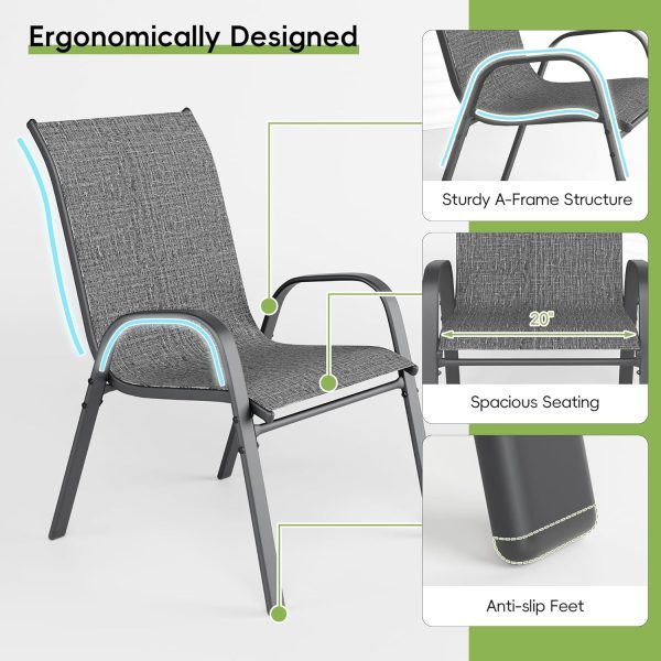 Patio Chairs Set of 4, Outdoor Dining Chairs Stackable for All Weather, Breathable Metal Modern Outside Furniture Chair for Pool Side, Garden, Backyard Deck, Dark Grey - Image 7