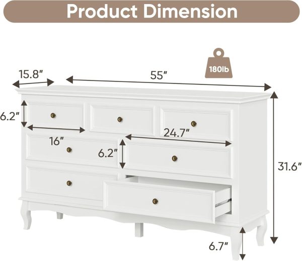 RoyalCraft White 7 Drawer Dresser for Bedroom, Modern Chest of Drawers with Solid Wood Legs and Painted Finish, Wooden Storage Closet Cabinet Organizer for Living Room, Hallway - Image 2