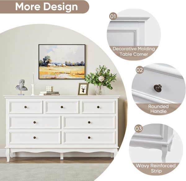 RoyalCraft White 7 Drawer Dresser for Bedroom, Modern Chest of Drawers with Solid Wood Legs and Painted Finish, Wooden Storage Closet Cabinet Organizer for Living Room, Hallway - Image 3
