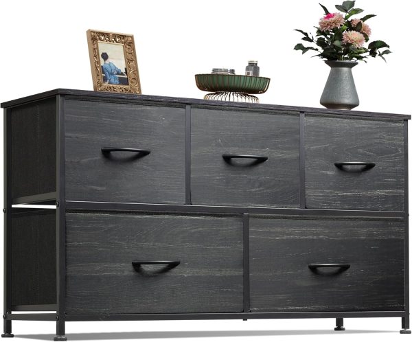 WLIVE Dresser for Bedroom with 5 Drawers, Wide Chest of Drawers, Fabric Dresser, Storage Organizer Unit with Fabric Bins for Closet, Living Room, Hallway, Charcoal Black Wood Grain Print