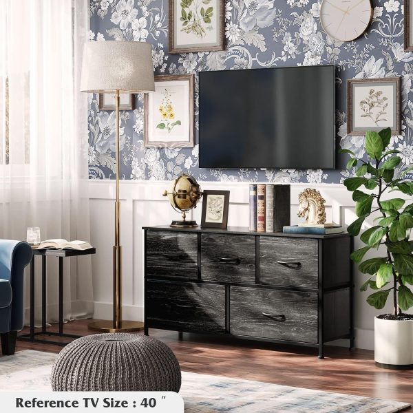 WLIVE Dresser for Bedroom with 5 Drawers, Wide Chest of Drawers, Fabric Dresser, Storage Organizer Unit with Fabric Bins for Closet, Living Room, Hallway, Charcoal Black Wood Grain Print - Image 2