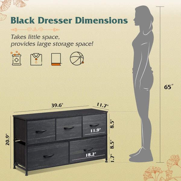 WLIVE Dresser for Bedroom with 5 Drawers, Wide Chest of Drawers, Fabric Dresser, Storage Organizer Unit with Fabric Bins for Closet, Living Room, Hallway, Charcoal Black Wood Grain Print - Image 3