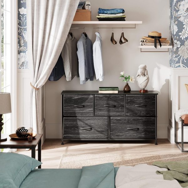 WLIVE Dresser for Bedroom with 5 Drawers, Wide Chest of Drawers, Fabric Dresser, Storage Organizer Unit with Fabric Bins for Closet, Living Room, Hallway, Charcoal Black Wood Grain Print - Image 4