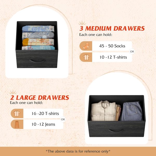 WLIVE Dresser for Bedroom with 5 Drawers, Wide Chest of Drawers, Fabric Dresser, Storage Organizer Unit with Fabric Bins for Closet, Living Room, Hallway, Charcoal Black Wood Grain Print - Image 6