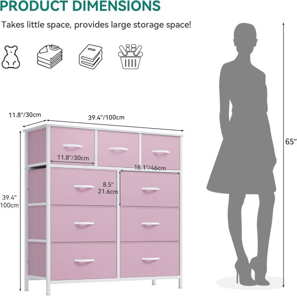 YITAHOME Dresser for Bedroom with 9 Drawers, Fabric Storage Dresser, Closet Dresser & Chest of Drawers for Living Room, Closets - Sturdy Steel Frame, Wooden Top & Easy Pull Fabric Bins(Pink) - Image 3
