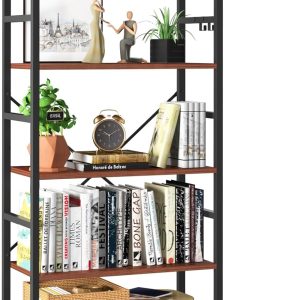 Yoobure 5 Tier Bookshelf - Tall Book Shelf Modern Bookcase for CDs/Movies/Books, Rustic Book Case Industrial Bookshelves Book Storage Organizer for Bedroom Home Office Living Room Brown