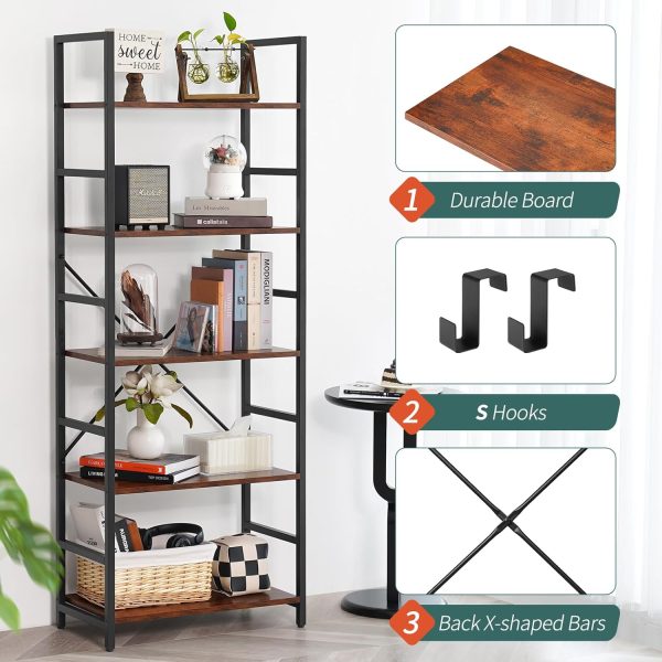 Yoobure 5 Tier Bookshelf - Tall Book Shelf Modern Bookcase for CDs/Movies/Books, Rustic Book Case Industrial Bookshelves Book Storage Organizer for Bedroom Home Office Living Room Brown - Image 6